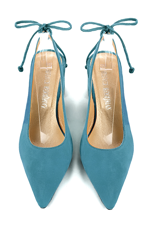 Peacock blue women's slingback shoes. Pointed toe. Medium flare heels. Top view - Florence KOOIJMAN